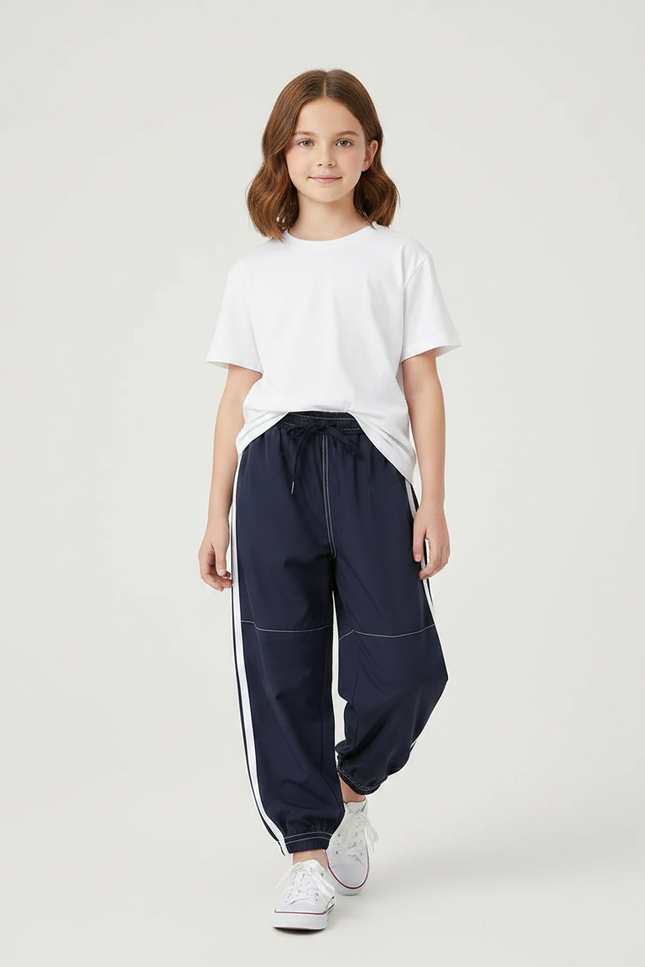 Pantalon Parachute Bleu Marine Rayures Blanches Enfant Sportif - Polyester