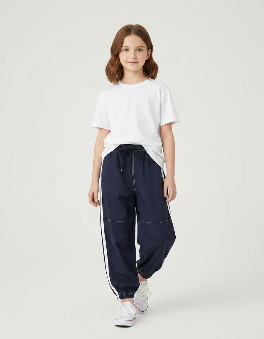 Pantalon Parachute Bleu Marine Rayures Blanches Enfant Sportif - Polyester