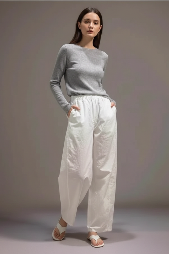 Pantalon Parachute Blanc Ample Fluide Décontracté Femme - Lin