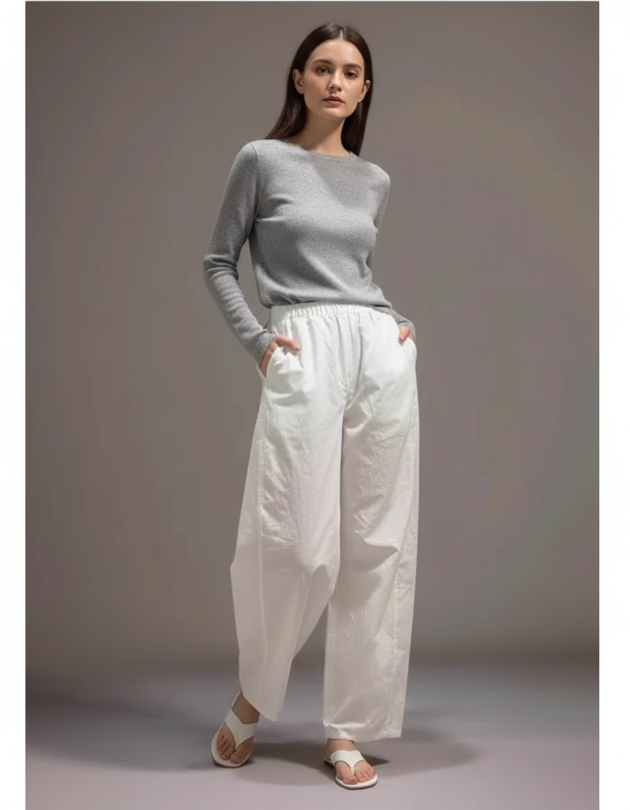 Pantalon Parachute Blanc Ample Fluide Décontracté Femme - Lin