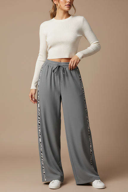 Pantalon Parachute Gris Ample Léopard Fluide Femme - Polyester