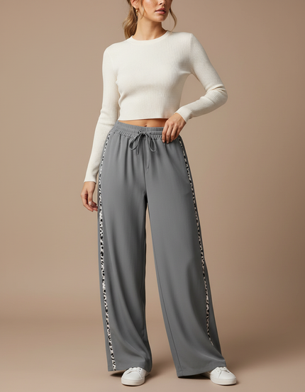 Pantalon Parachute Gris Ample Léopard Fluide Femme - Polyester