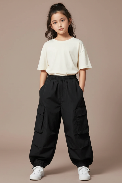Pantalon Parachute Noir Cargo Ample Décontracté Enfant - Polyester