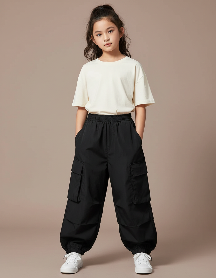 Pantalon Parachute Noir Cargo Ample Décontracté Enfant - Polyester