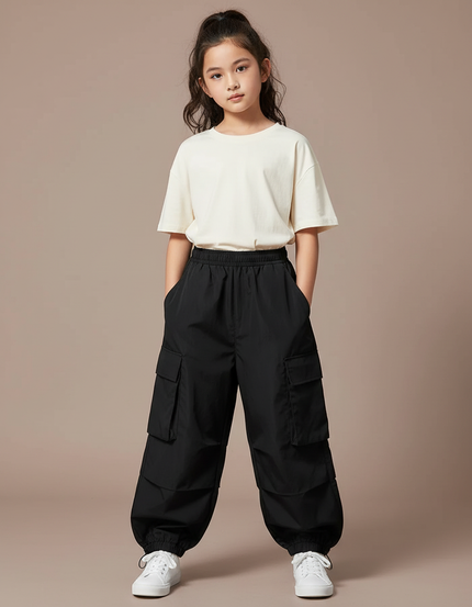 Pantalon Parachute Noir Cargo Ample Décontracté Enfant - Polyester