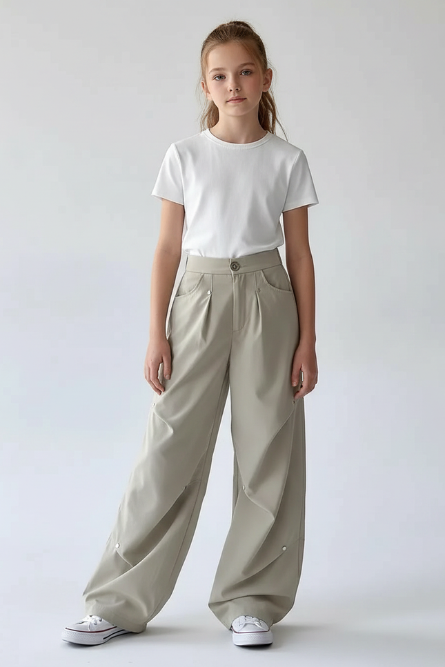 Pantalon Parachute Beige Ample Plissé Décontracté Enfant - Polyester