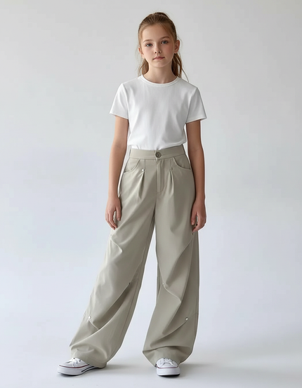 Pantalon Parachute Beige Ample Plissé Décontracté Enfant - Polyester