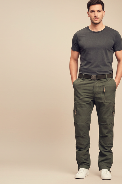 Pantalon Parachute Kaki Coton Cargo Multi-Poches Homme