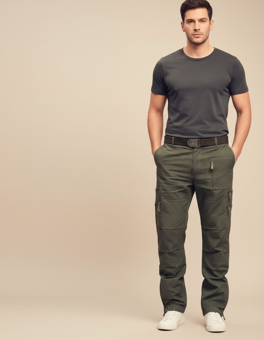 Pantalon Parachute Kaki Coton Cargo Multi-Poches Homme
