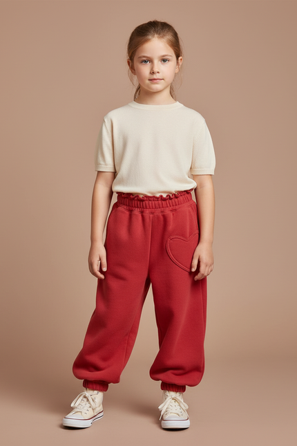 Pantalon Parachute Rouge Molleton Ample Cœurs Fille