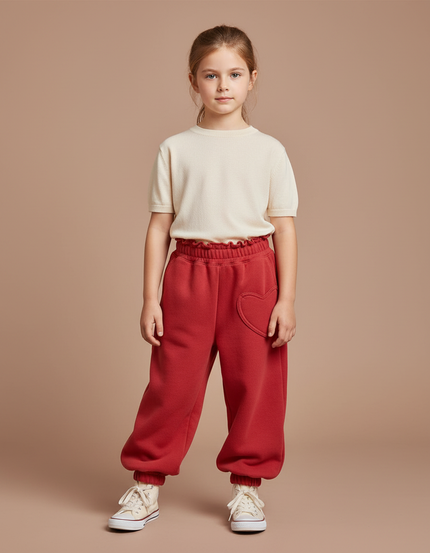 Pantalon Parachute Rouge Molleton Ample Cœurs Fille