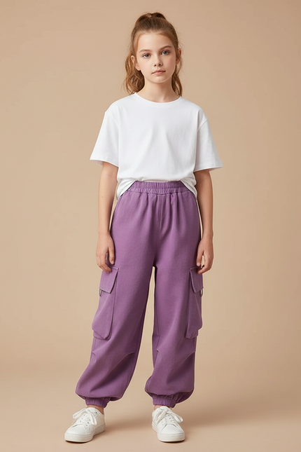 Pantalon Parachute Violet Ample Cargo Enfant Décontracté - Molleton