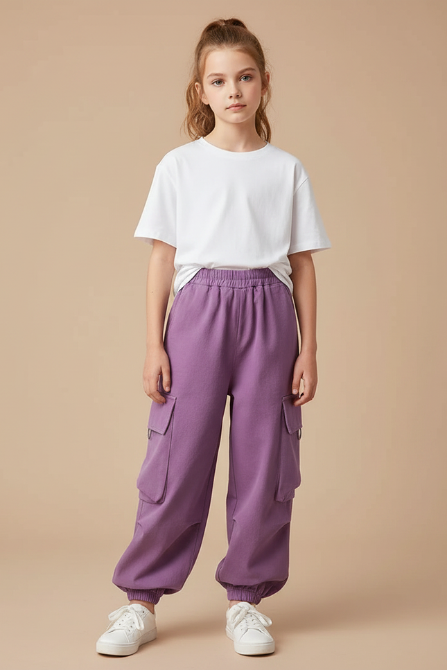 Pantalon Parachute Violet Ample Cargo Enfant Décontracté - Molleton