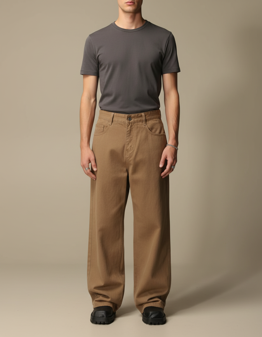 Pantalon Parachute Marron Ample Décontracté Homme Vintage - Toile