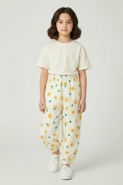 Pantalon Parachute Crème Fleuri Ample Léger Fille - Imprimé Coton