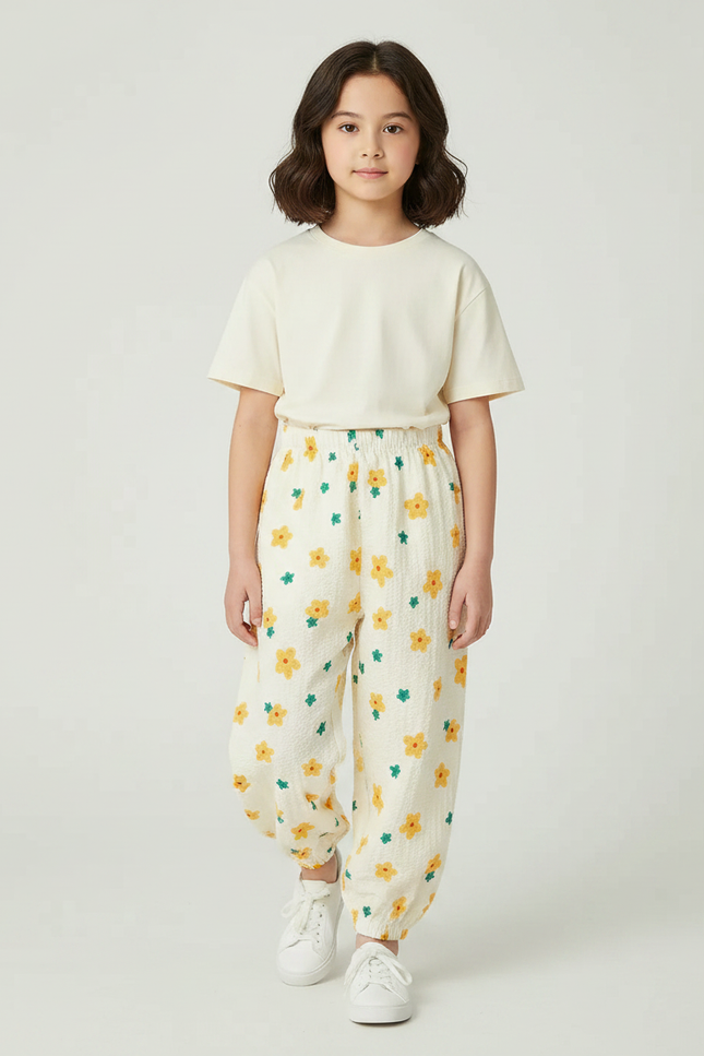 Pantalon Parachute Crème Fleuri Ample Léger Fille - Imprimé Coton