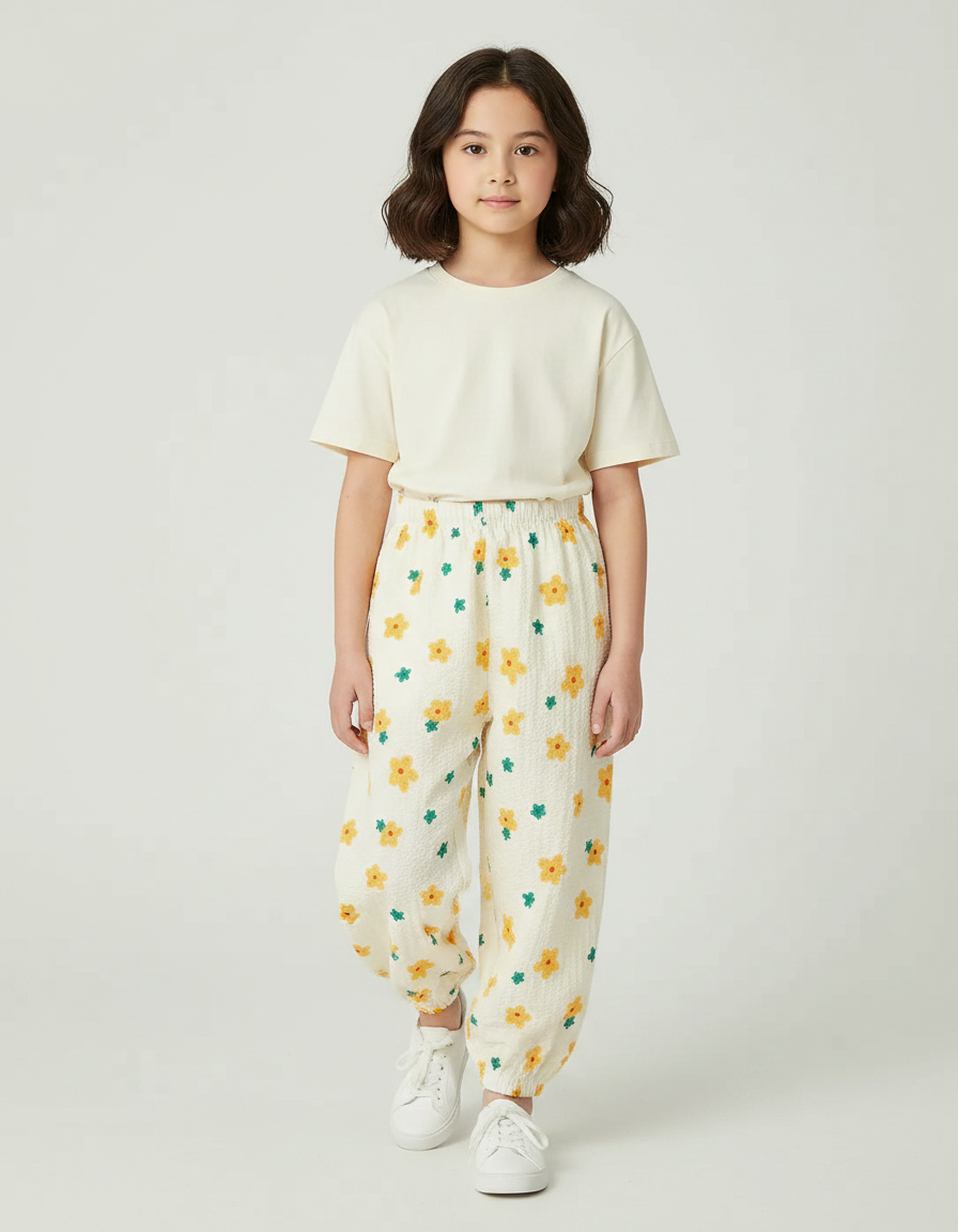 Pantalon Parachute Crème Fleuri Ample Léger Fille - Imprimé Coton