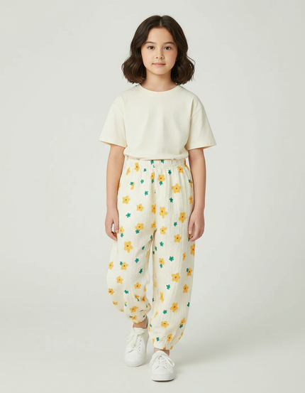Pantalon Parachute Crème Fleuri Ample Léger Fille - Imprimé Coton