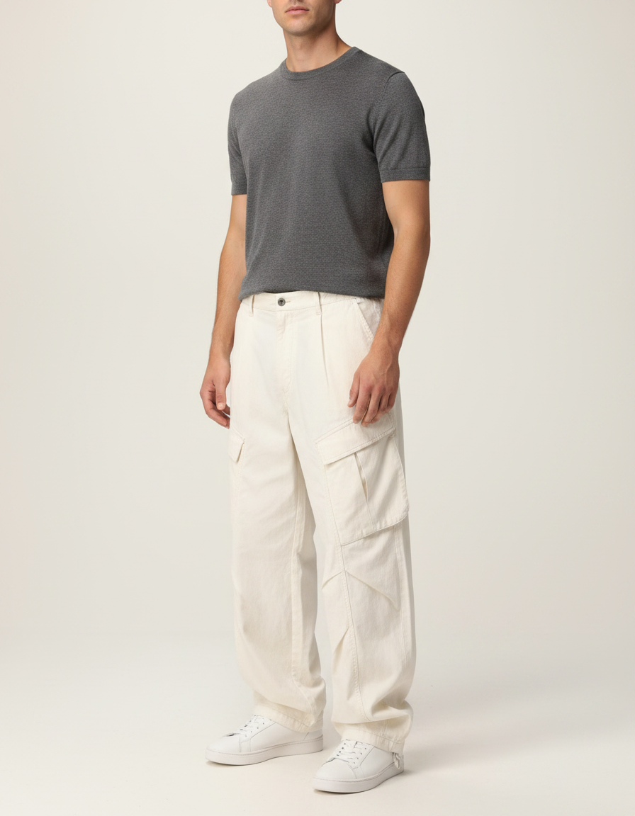 Pantalon Parachute Crème Ample Multi-poches Décontracté - Beige Toile