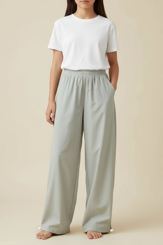 Pantalon Parachute Vert Ample Fluide Femme - Polyester