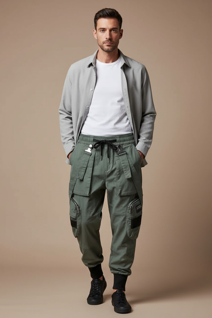 Pantalon Parachute Kaki Cargo Multipoches Décontracté Homme - Toile