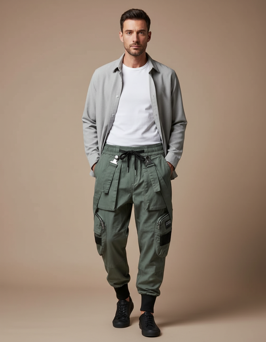 Pantalon Parachute Kaki Cargo Multipoches Décontracté Homme - Toile