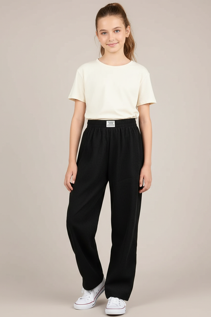 Pantalon Parachute Noir Côtelé Ample Fille Décontracté - Cordé