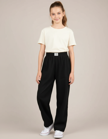 Pantalon Parachute Noir Côtelé Ample Fille Décontracté - Cordé