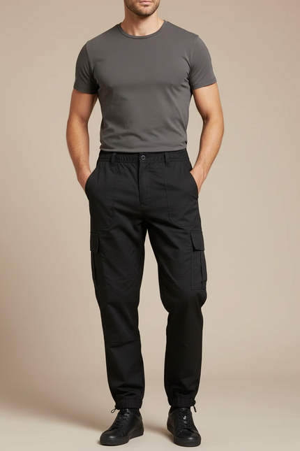 Pantalon Parachute Noir Cargo Homme Décontracté Multipoches - Toile
