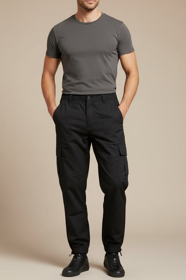 Pantalon Parachute Noir Cargo Homme Décontracté Multipoches - Toile