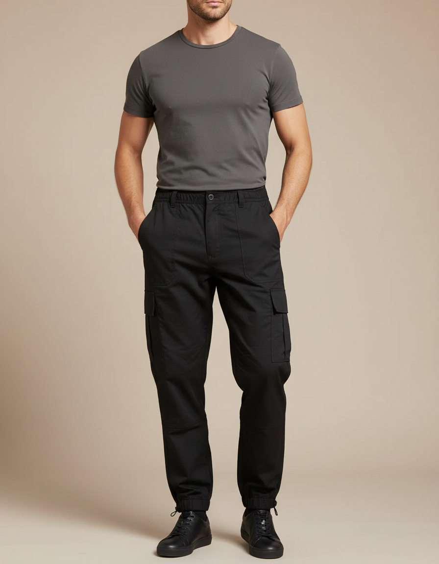 Pantalon Parachute Noir Cargo Homme Décontracté Multipoches - Toile