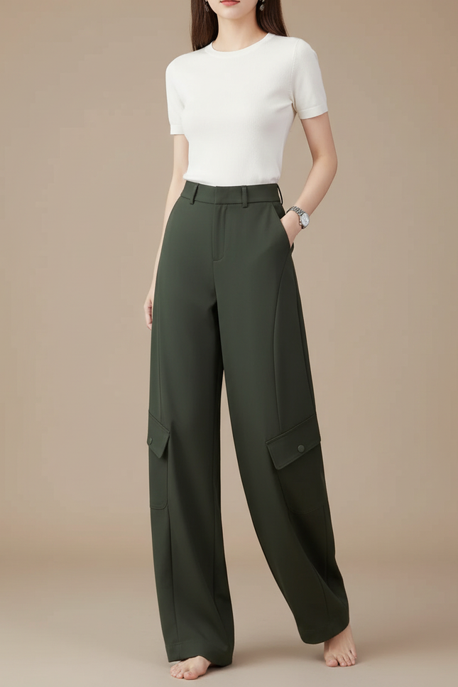 Pantalon Parachute Kaki Ample Cargo Évasé Femme - Polyester