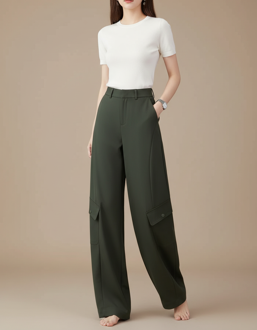 Pantalon Parachute Kaki Ample Cargo Évasé Femme - Polyester