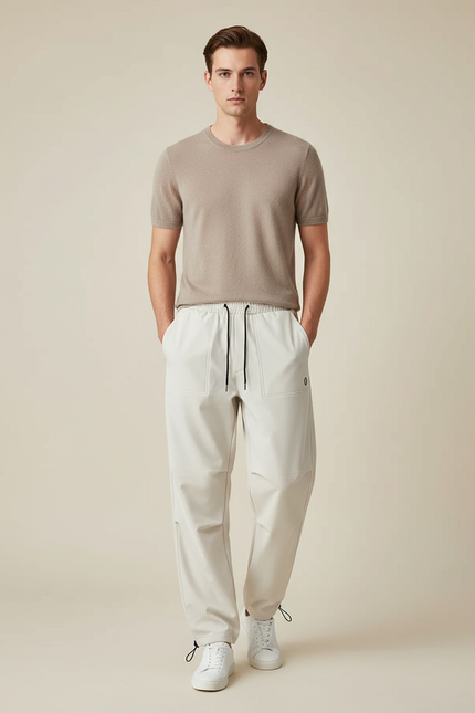 Pantalon Parachute Crème Ample Décontracté Cordon Homme - Beige Polyester