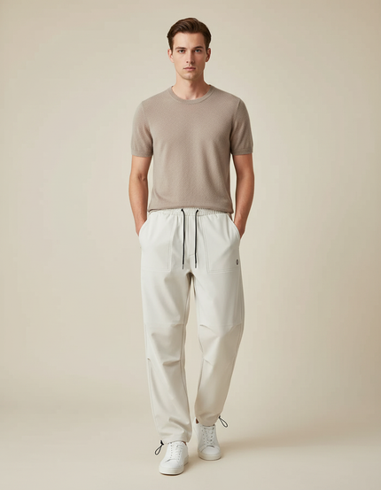 Pantalon Parachute Crème Ample Décontracté Cordon Homme - Beige Polyester