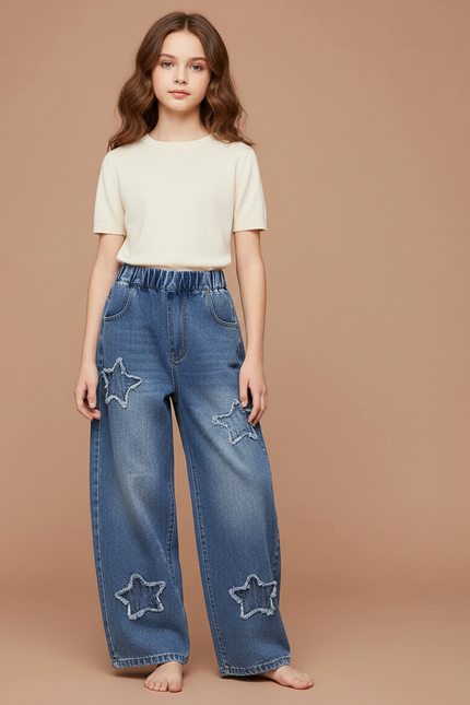 Pantalon Parachute Denim Ample Étoiles Fille Printemps - Bleu Jean