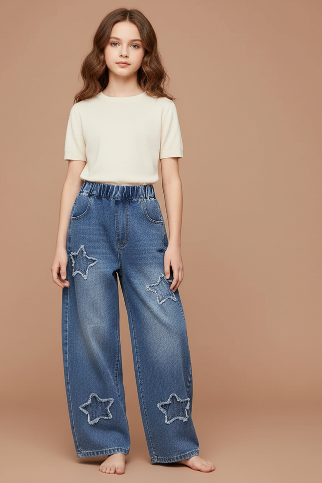 Pantalon Parachute Denim Ample Étoiles Fille Printemps - Bleu Jean