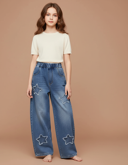 Pantalon Parachute Denim Ample Étoiles Fille Printemps - Bleu Jean