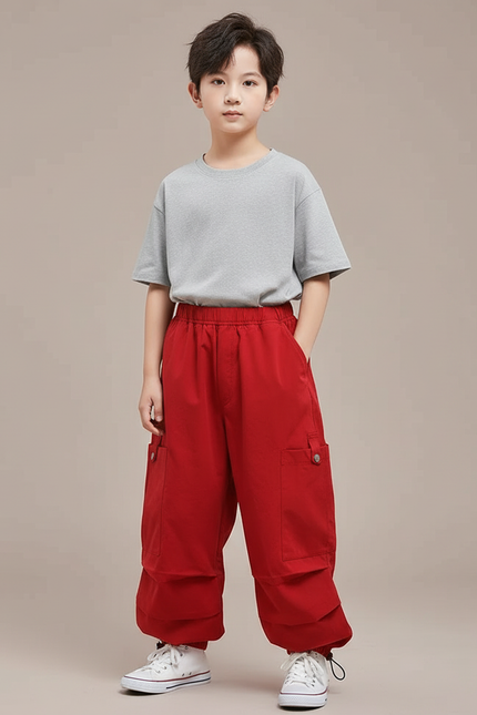 Pantalon Parachute Rouge Cargo Ample Enfants Garçon Fille - Polyester
