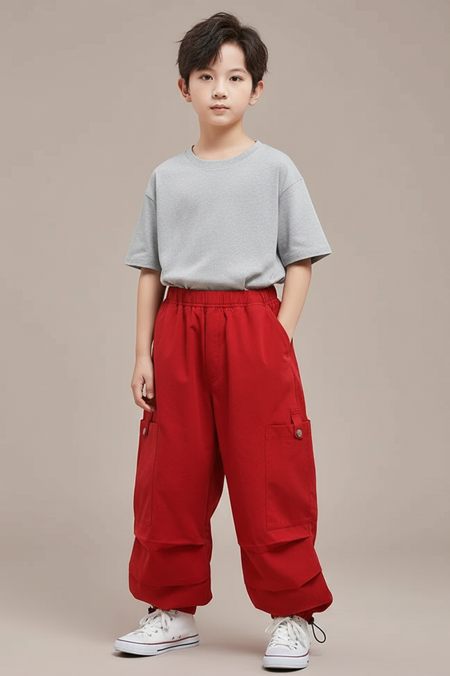 Pantalon Parachute Rouge Cargo Ample Enfants Garçon Fille - Polyester