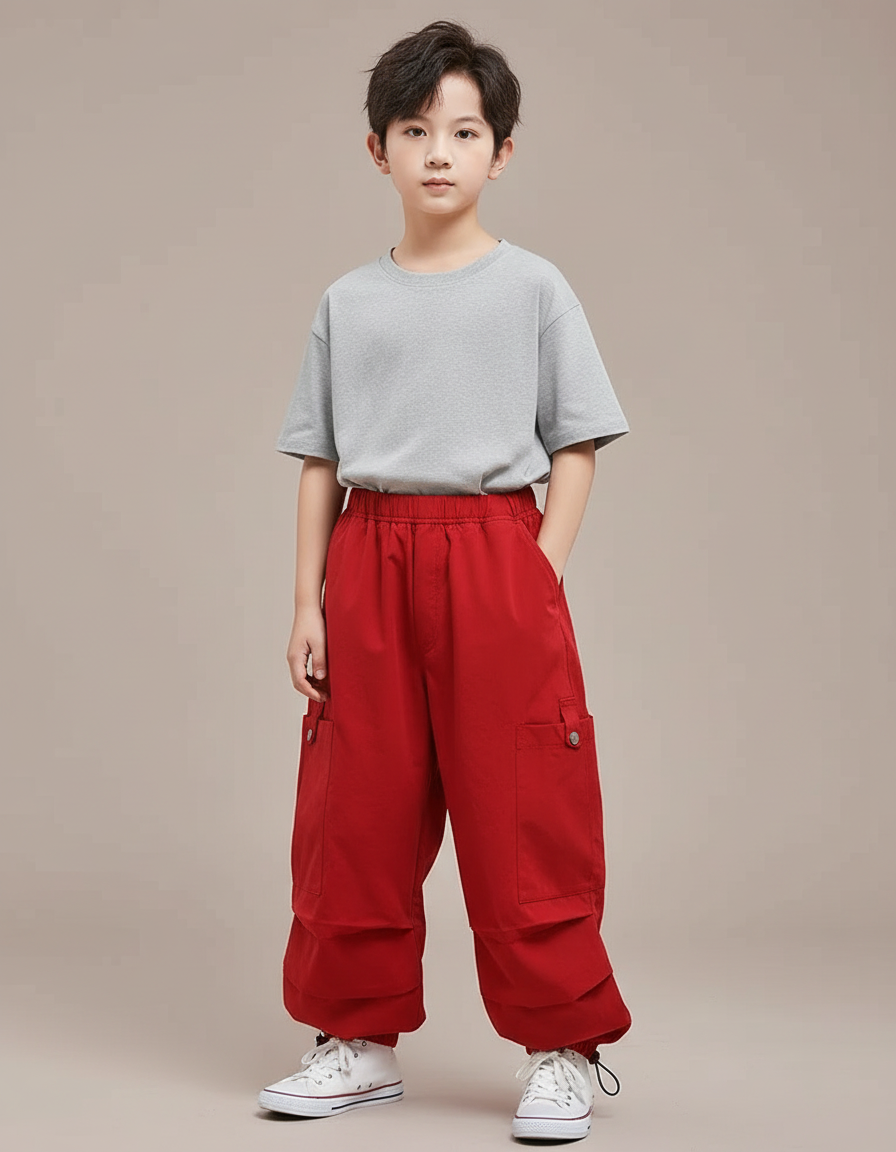 Pantalon Parachute Rouge Cargo Ample Enfants Garçon Fille - Polyester