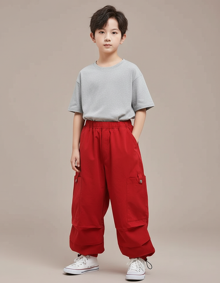 Pantalon Parachute Rouge Cargo Ample Enfants Garçon Fille - Polyester