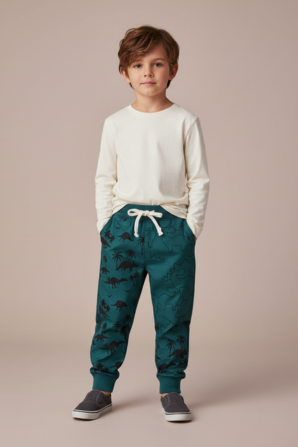Pantalon Parachute Vert Dinosaure Enfant Décontracté Coton - Molleton
