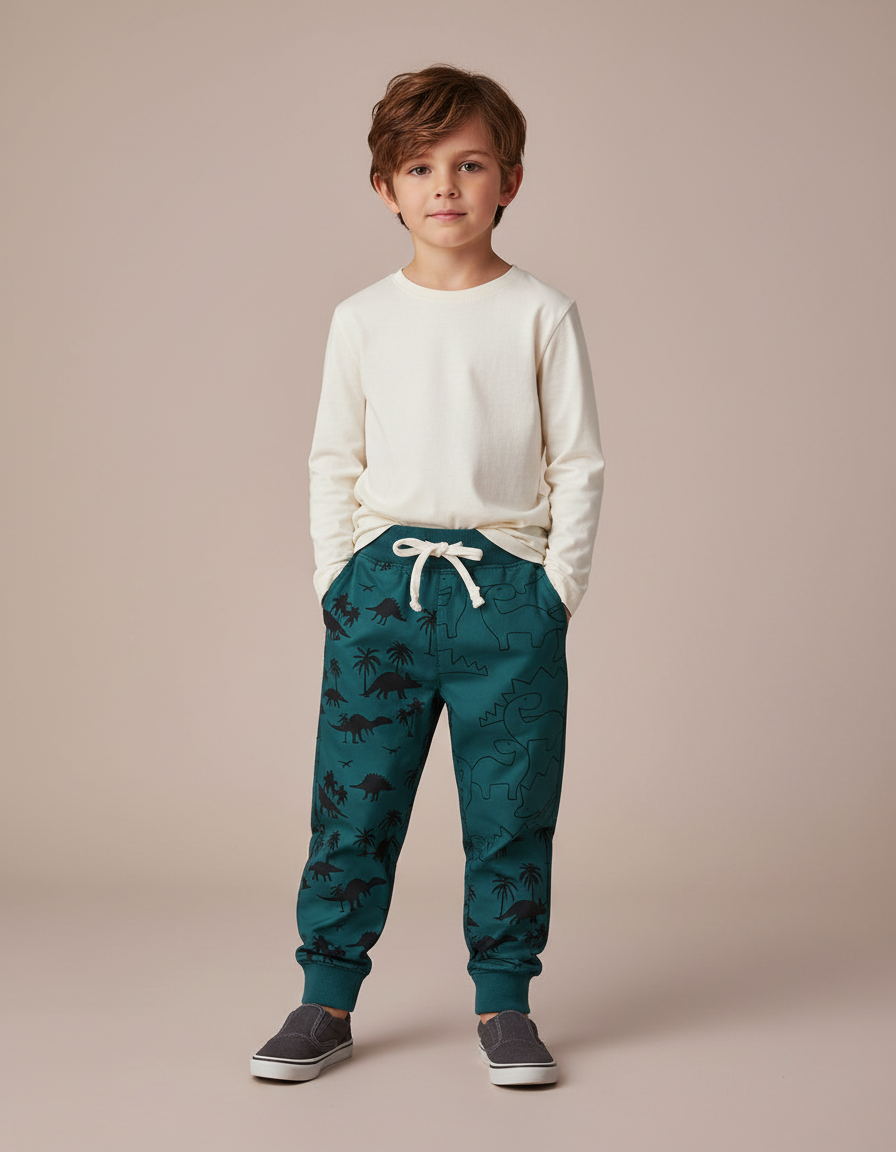 Pantalon Parachute Vert Dinosaure Enfant Décontracté Coton - Molleton