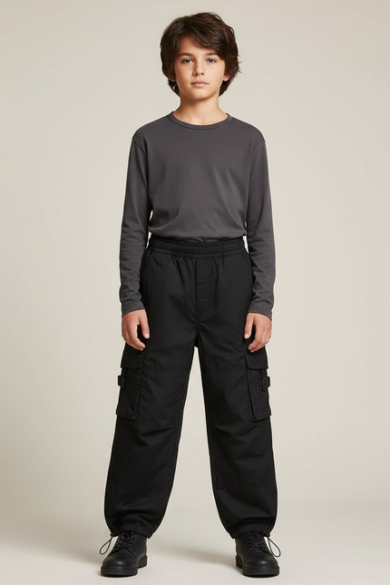 Pantalon Parachute Garçon Noir Resserré Aux Chevilles - Polyester
