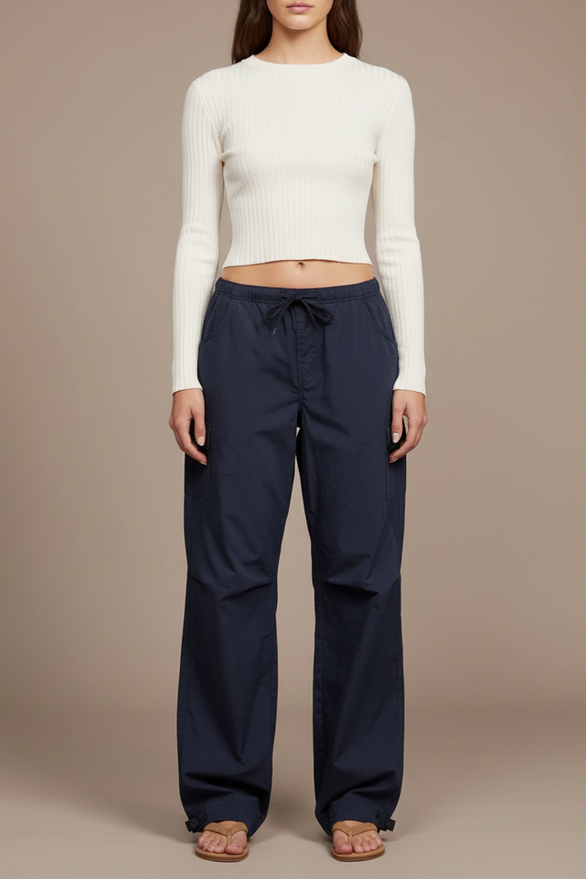 Pantalon Parachute Bleu Marine Ample Décontracté Cordon - Polyester