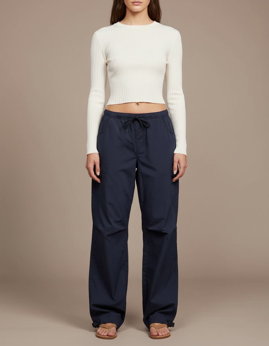 Pantalon Parachute Bleu Marine Ample Décontracté Cordon - Polyester