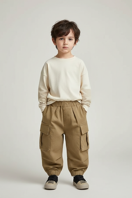 Pantalon Parachute Kaki Cargo Ample Enfant Uni - Toile