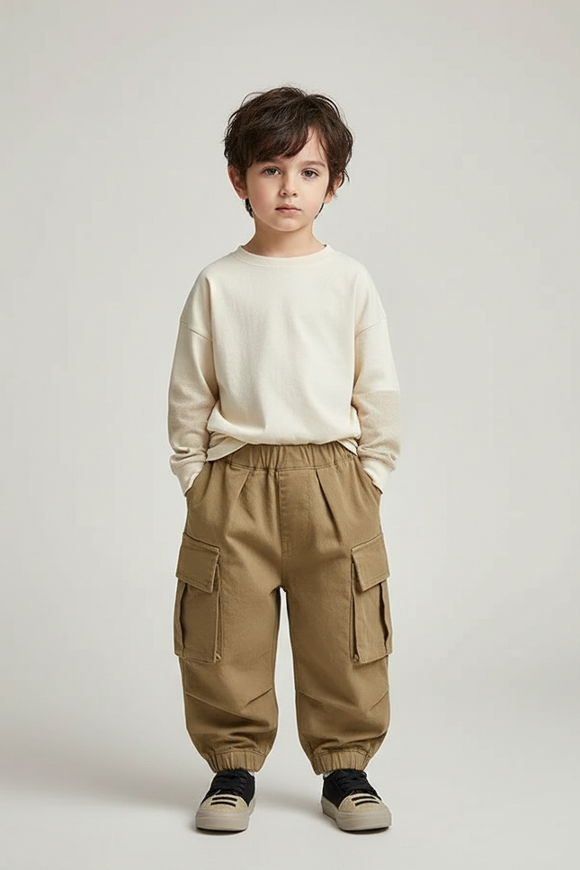 Pantalon Parachute Kaki Cargo Ample Enfant Uni - Toile