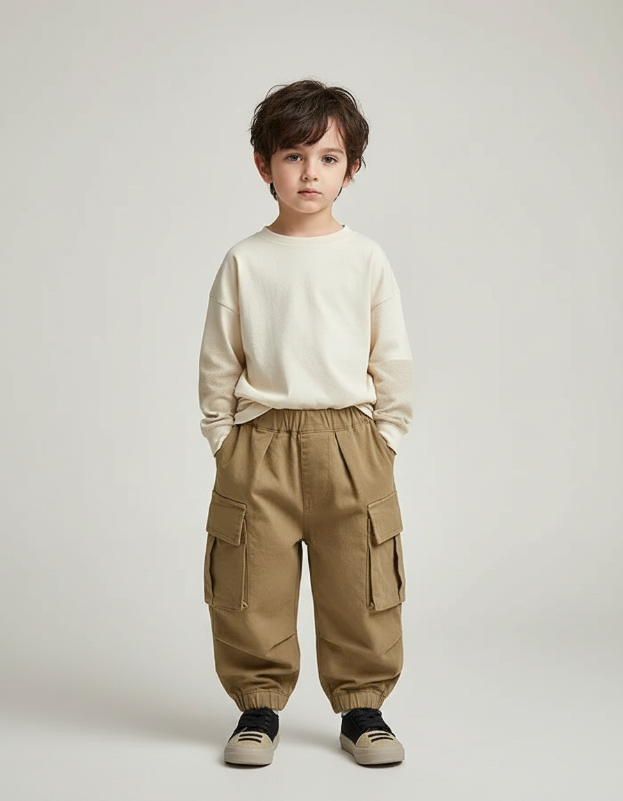Pantalon Parachute Kaki Cargo Ample Enfant Uni - Toile
